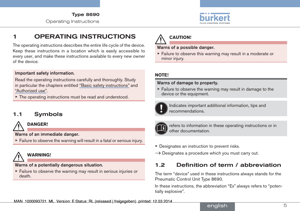 1 operating instructions, 1 symbols 1.2 definition of term / abbreviation, 1operating instructions | Burkert Type 8690 User Manual | Page 5 / 88