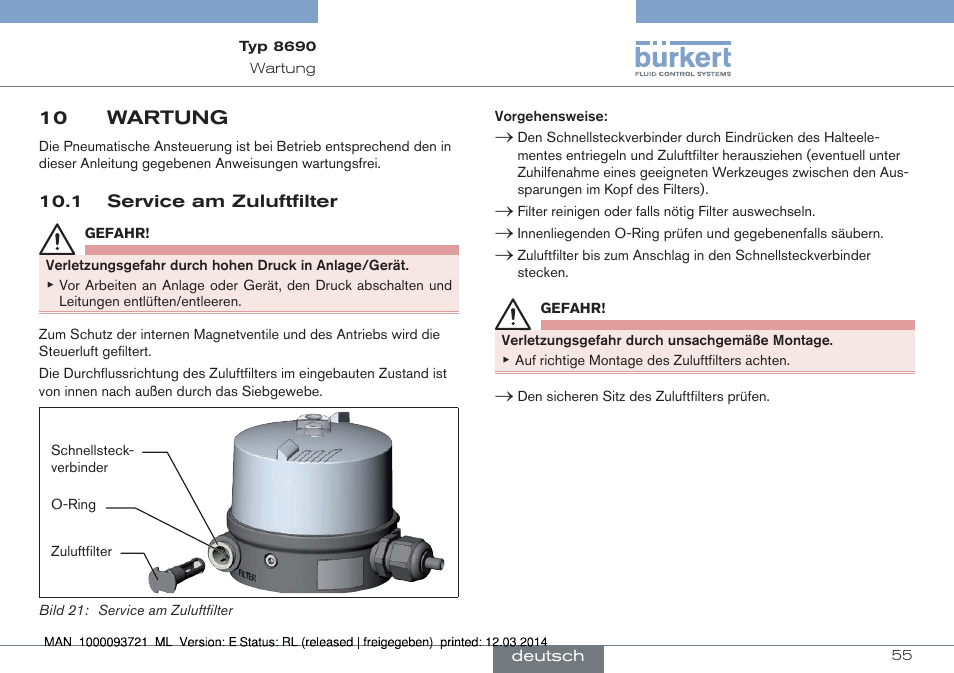 10 wartung, 1 service am zuluftfilter | Burkert Type 8690 User Manual | Page 55 / 88