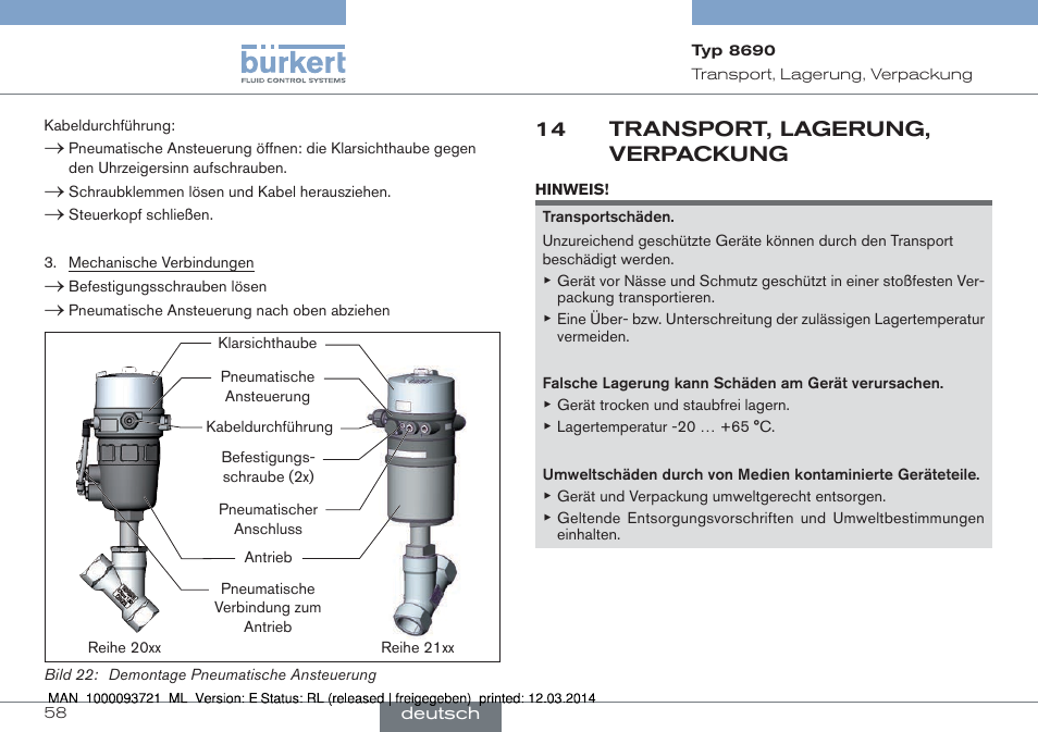 14 transport, lagerung, verpackung | Burkert Type 8690 User Manual | Page 58 / 88