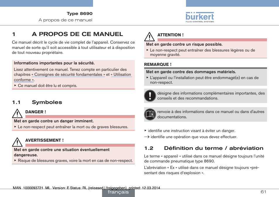 1 a propos de ce manuel, 1 symboles 1.2 définition du terme / abréviation, 1a propos de ce manuel | Burkert Type 8690 User Manual | Page 61 / 88