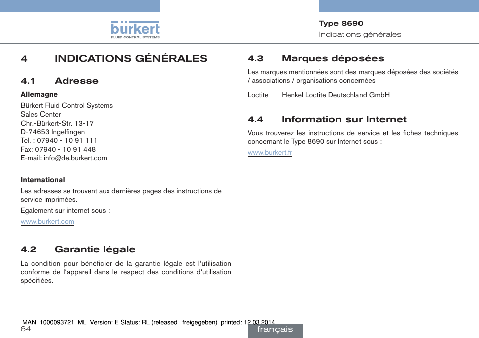 4 indications générales, 4indications générales | Burkert Type 8690 User Manual | Page 64 / 88