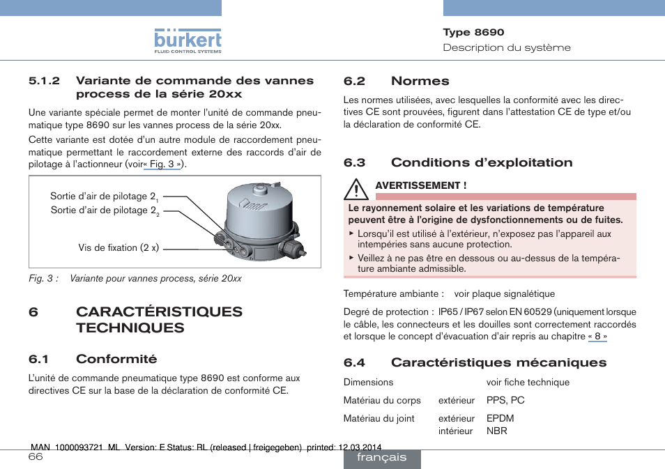 6 caractéristiques techniques, 6caractéristiques techniques | Burkert Type 8690 User Manual | Page 66 / 88