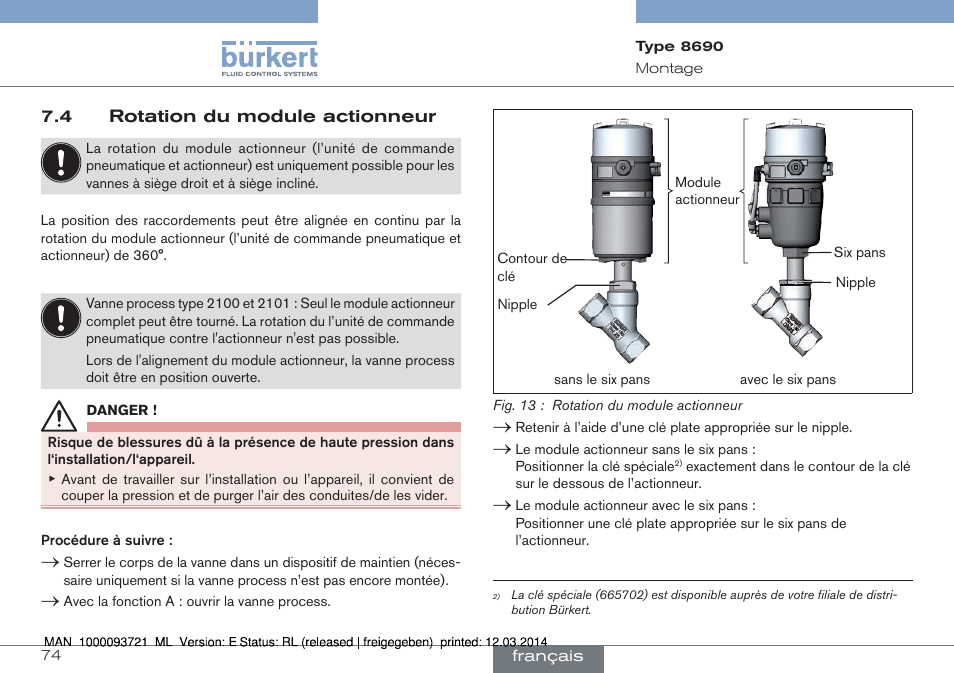 4 rotation du module actionneur | Burkert Type 8690 User Manual | Page 74 / 88