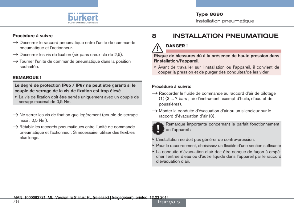 8 installation pneumatique | Burkert Type 8690 User Manual | Page 76 / 88