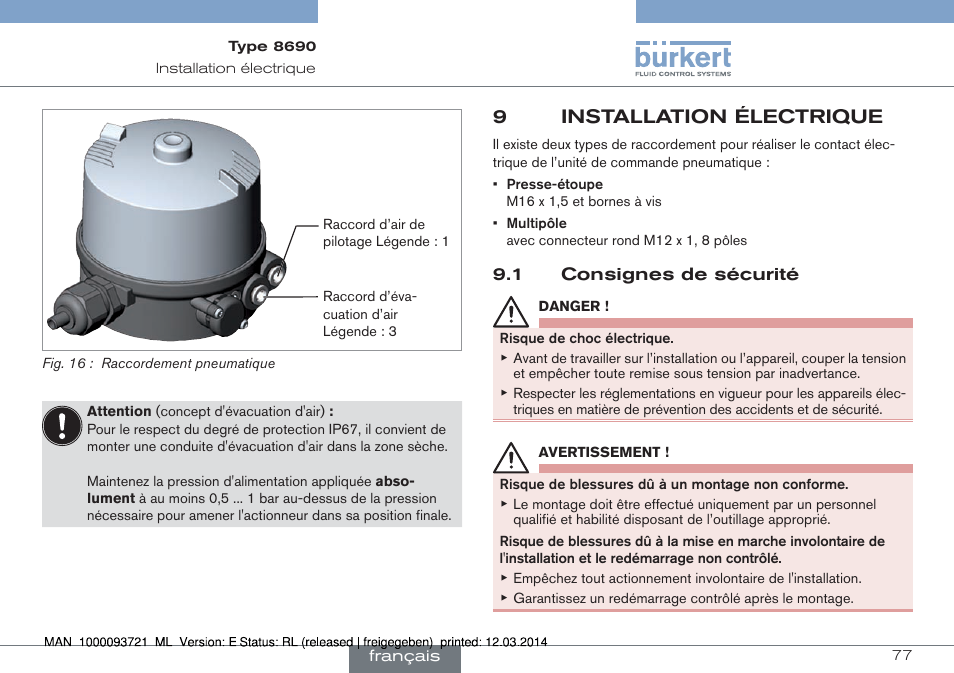 9 installation électrique, 1 consignes de sécurité, 9installation électrique | Burkert Type 8690 User Manual | Page 77 / 88