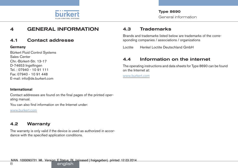 4 general information, 4general information | Burkert Type 8690 User Manual | Page 8 / 88