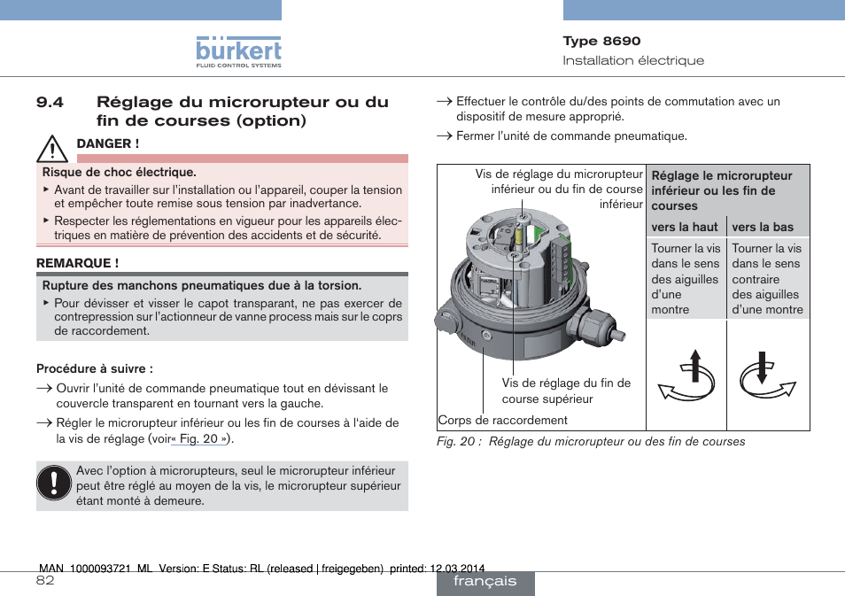 4 réglage du microrupteur ou du fin de courses, Option) | Burkert Type 8690 User Manual | Page 82 / 88