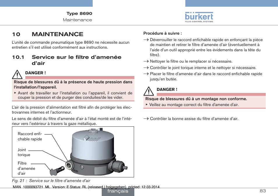 10 maintenance, 1 service sur le filtre d’amenée d’air | Burkert Type 8690 User Manual | Page 83 / 88