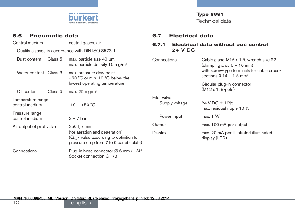 6 pneumatic data 6.7 electrical data | Burkert Type 8691 User Manual | Page 10 / 88