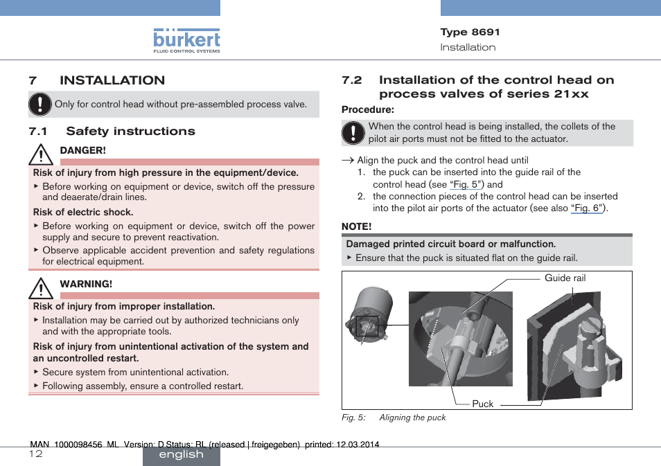 7 installation, Of series 21xx | Burkert Type 8691 User Manual | Page 12 / 88