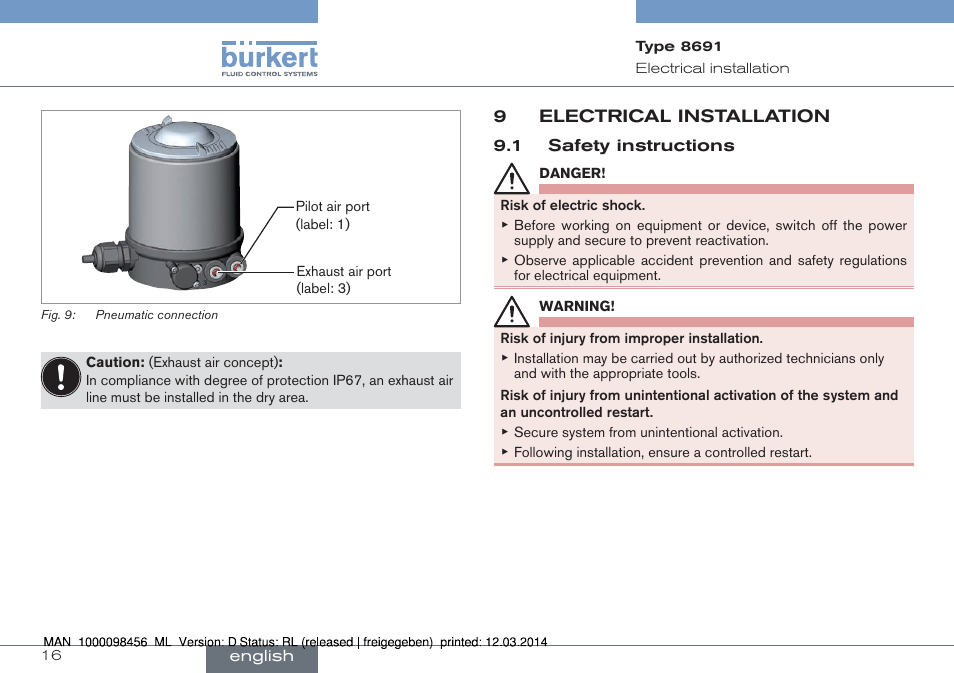 9 electrical installation, 1 safety instructions | Burkert Type 8691 User Manual | Page 16 / 88