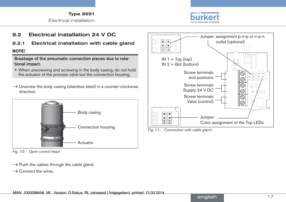 2 electrical installation 24 v dc | Burkert Type 8691 User Manual | Page 17 / 88