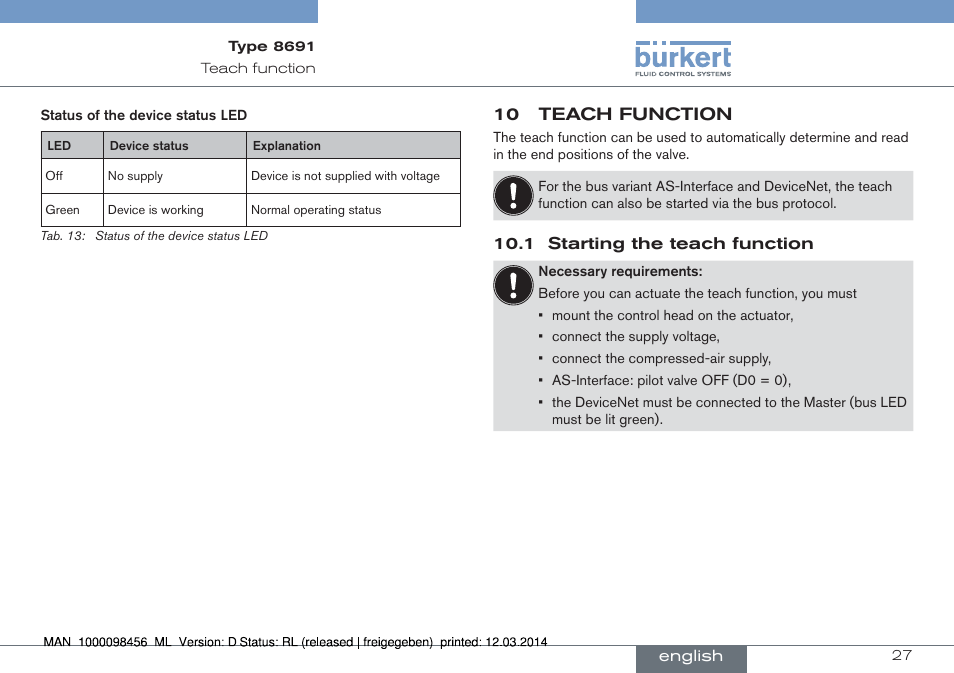 10 teach function, 1 starting the teach function | Burkert Type 8691 User Manual | Page 27 / 88