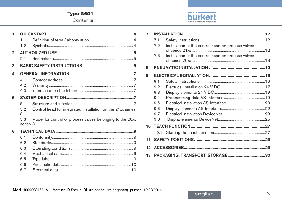 English | Burkert Type 8691 User Manual | Page 3 / 88