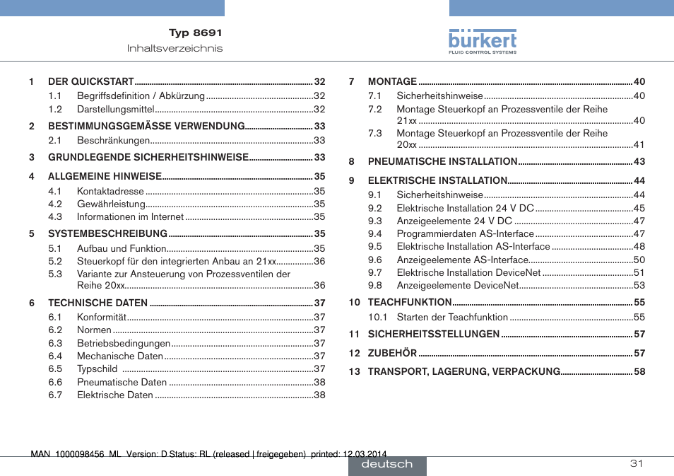 Deutsch | Burkert Type 8691 User Manual | Page 31 / 88