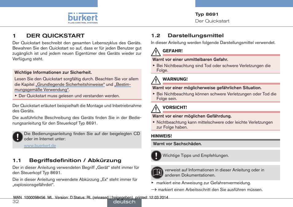 1 der quickstart | Burkert Type 8691 User Manual | Page 32 / 88