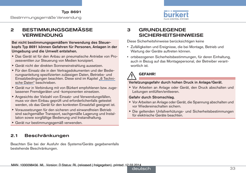 2 bestimmungsgemässe verwendung, 1 beschränkungen, 3 grundlegende sicherheitshinweise | Burkert Type 8691 User Manual | Page 33 / 88