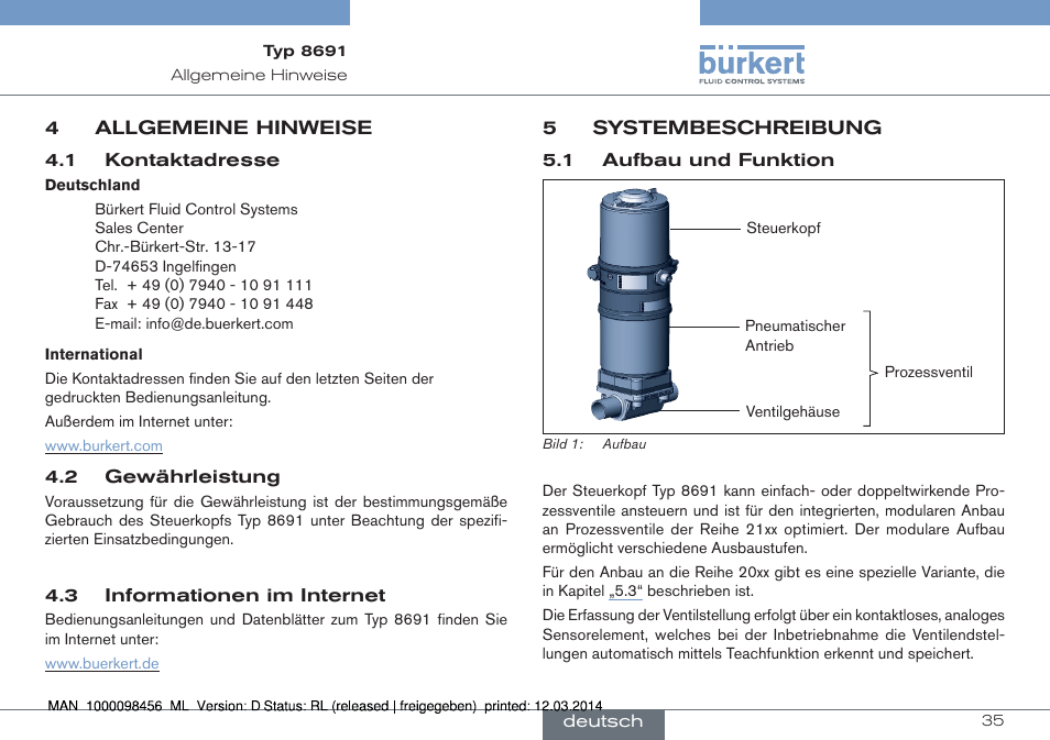 4 allgemeine hinweise, 5 systembeschreibung, 1 aufbau und funktion | Burkert Type 8691 User Manual | Page 35 / 88