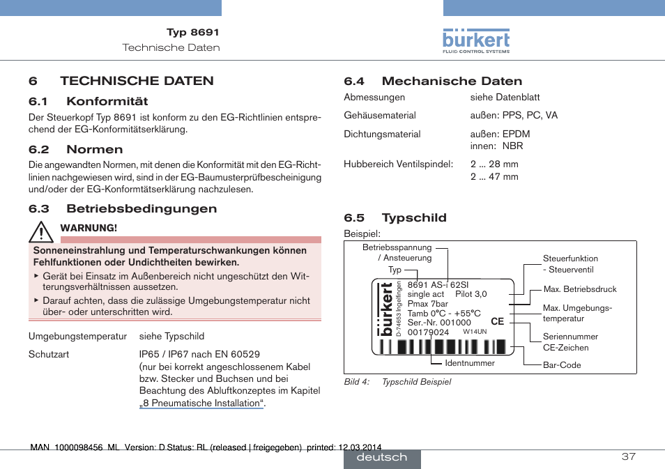 6 technische daten, 6technische daten | Burkert Type 8691 User Manual | Page 37 / 88