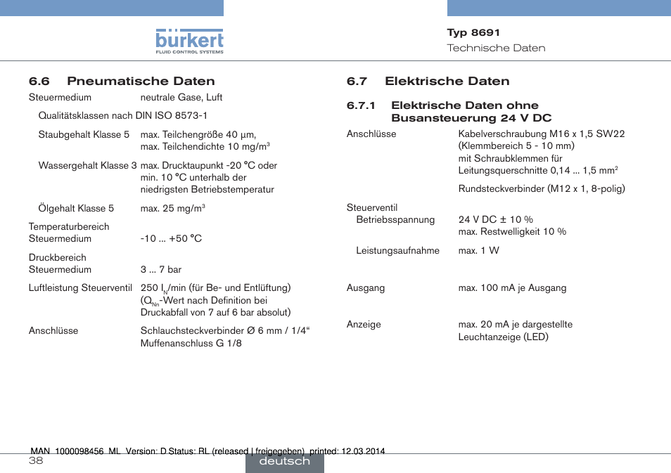 6 pneumatische daten 6.7 elektrische daten | Burkert Type 8691 User Manual | Page 38 / 88