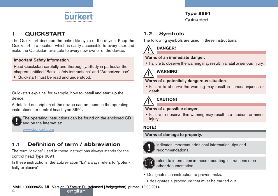 1 quickstart, 1 definition of term / abbreviation 1.2 symbols | Burkert Type 8691 User Manual | Page 4 / 88