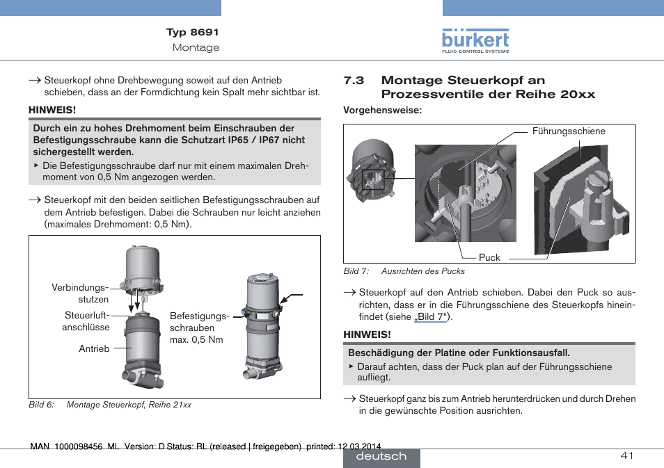 3 montage steuerkopf an prozessventile der reihe, 20xx | Burkert Type 8691 User Manual | Page 41 / 88