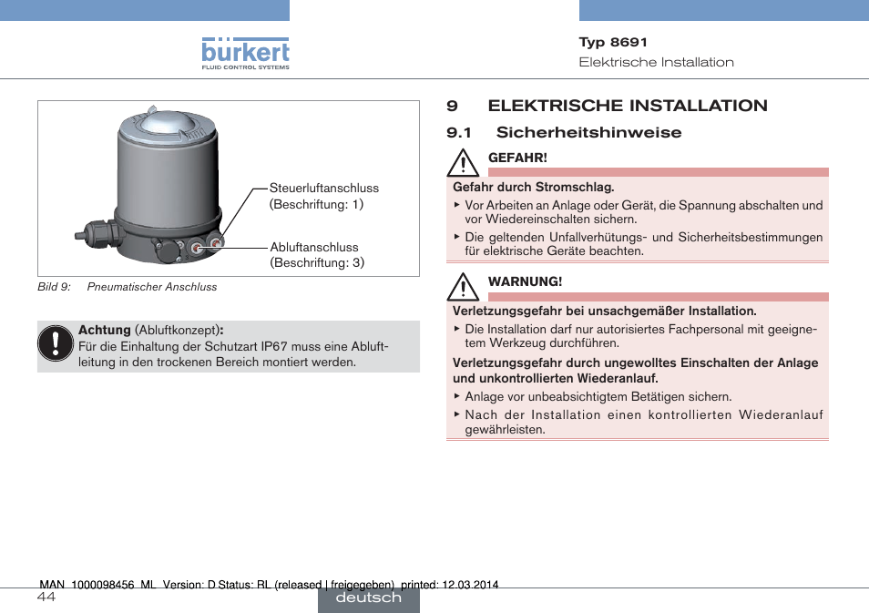 9 elektrische installation, 1 sicherheitshinweise | Burkert Type 8691 User Manual | Page 44 / 88