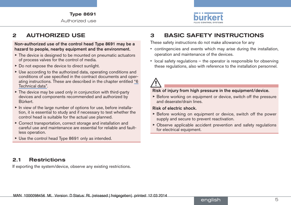 2 authorized use, 1 restrictions, 3 basic safety instructions | Burkert Type 8691 User Manual | Page 5 / 88