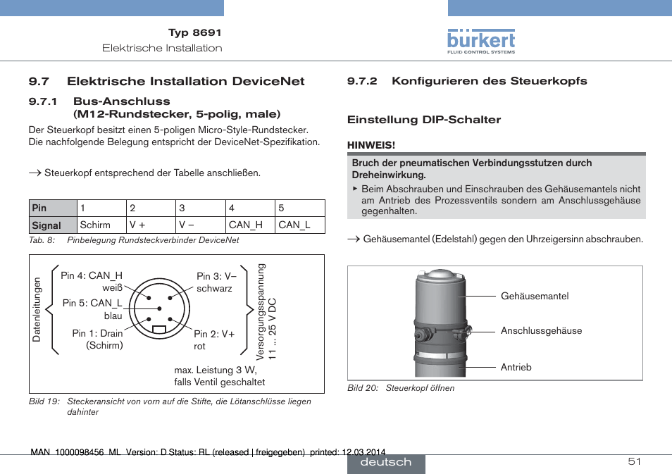 7 elektrische installation devicenet | Burkert Type 8691 User Manual | Page 51 / 88