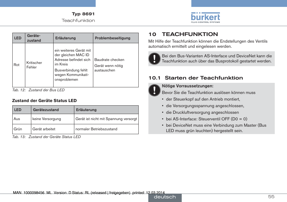 10 teachfunktion, 1 starten der teachfunktion | Burkert Type 8691 User Manual | Page 55 / 88