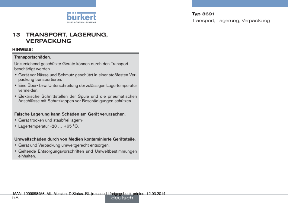 13 transport, lagerung, verpackung | Burkert Type 8691 User Manual | Page 58 / 88