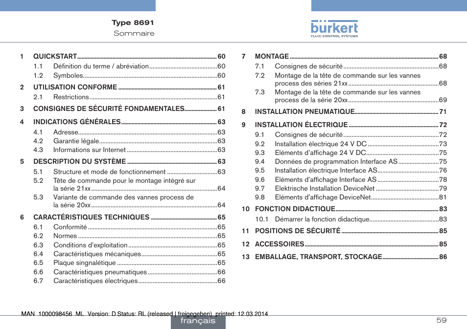 Français | Burkert Type 8691 User Manual | Page 59 / 88
