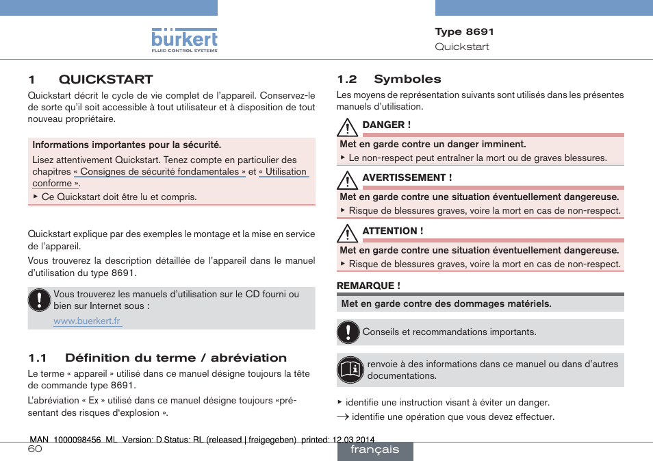 1 quickstart, 1 définition du terme / abréviation 1.2 symboles | Burkert Type 8691 User Manual | Page 60 / 88