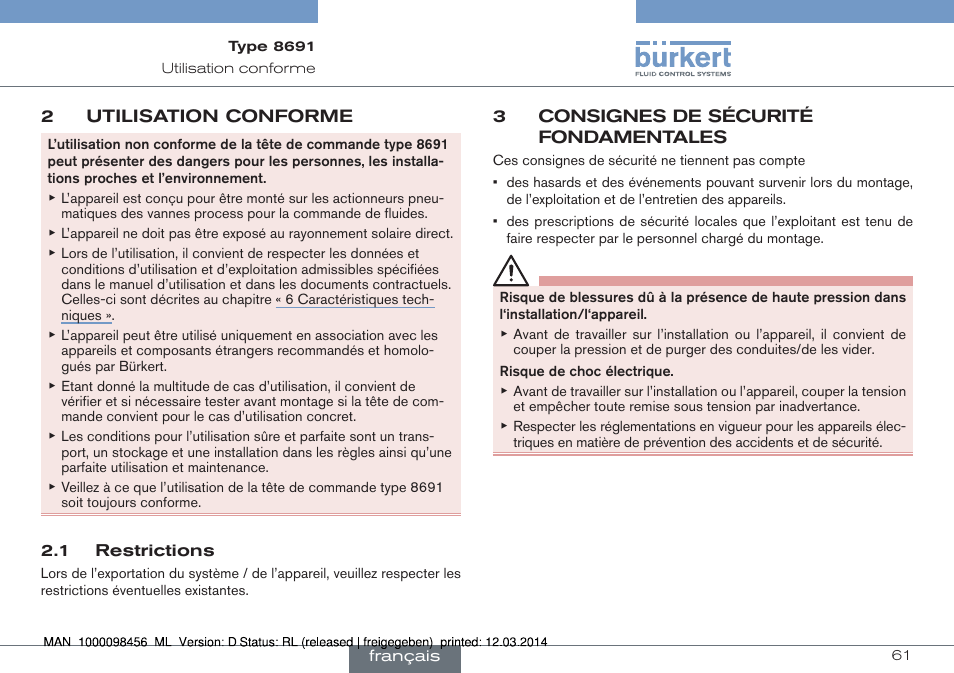 2 utilisation conforme, 1 restrictions, 3 consignes de sécurité fondamentales | Burkert Type 8691 User Manual | Page 61 / 88