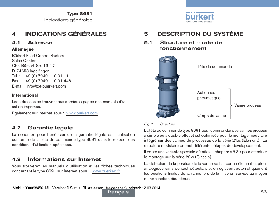 4 indications générales, 5 description du système, 1 structure et mode de fonctionnement | Burkert Type 8691 User Manual | Page 63 / 88