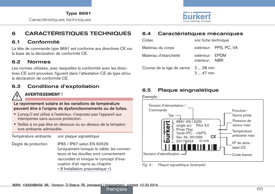 6 caractéristiques techniques, 6caractéristiques techniques | Burkert Type 8691 User Manual | Page 65 / 88