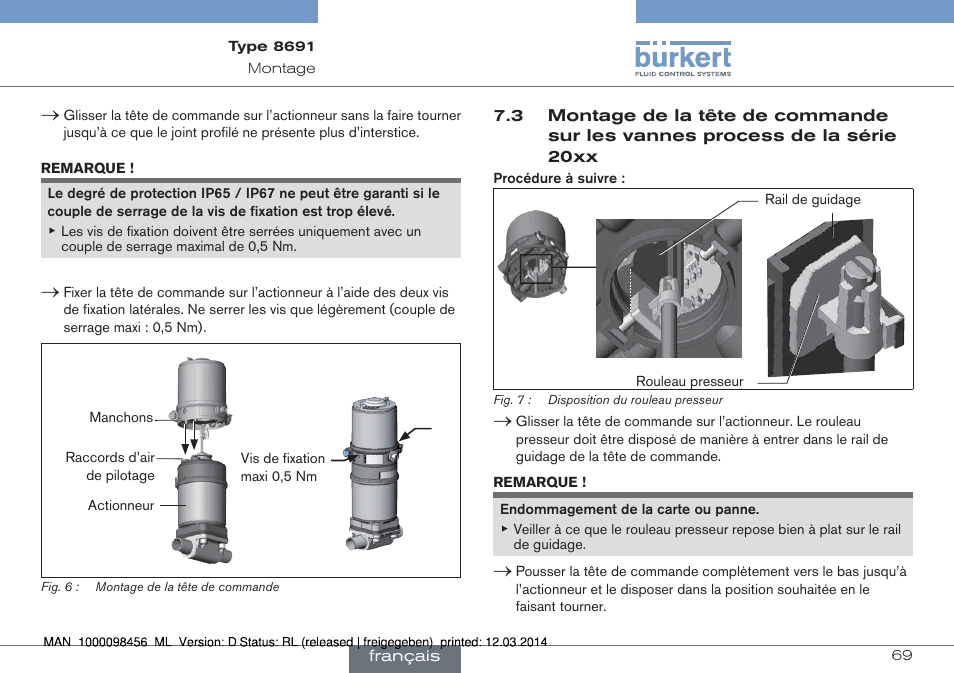 3 montage de la tête de commande sur les vannes, Process de la série 20xx | Burkert Type 8691 User Manual | Page 69 / 88