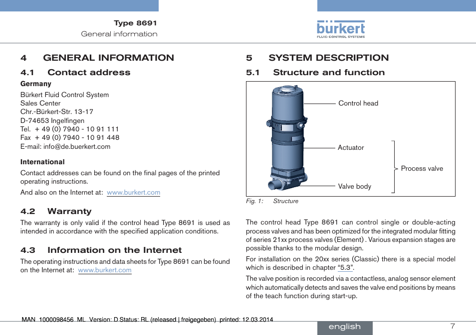 4 general information, 5 system description, 1 structure and function | Burkert Type 8691 User Manual | Page 7 / 88