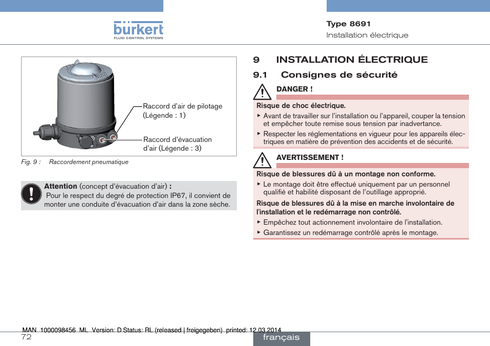 9 installation électrique, 1 consignes de sécurité | Burkert Type 8691 User Manual | Page 72 / 88