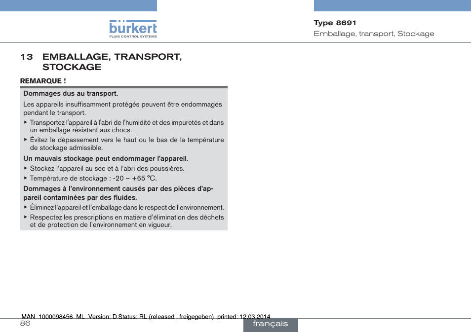 13 emballage, transport, stockage | Burkert Type 8691 User Manual | Page 86 / 88