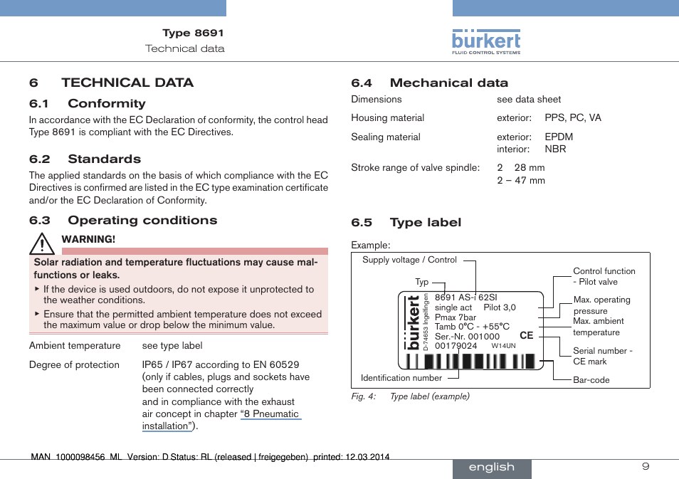 6 technical data, 6technical data | Burkert Type 8691 User Manual | Page 9 / 88