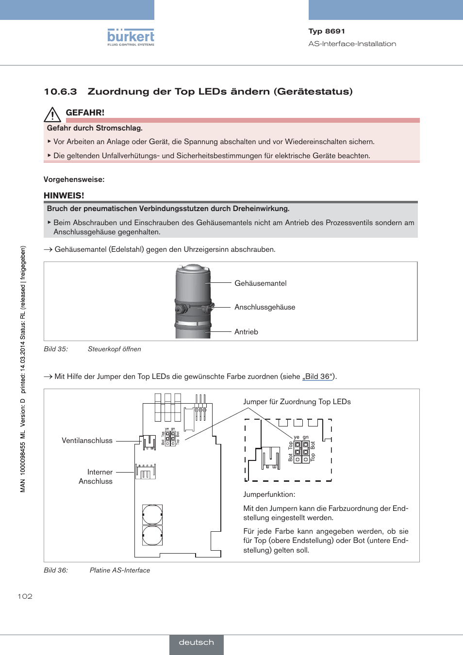 Zuordnung der top leds ändern (gerätestatus) | Burkert Type 8691 User Manual | Page 102 / 184
