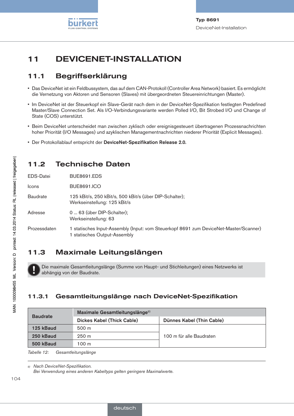 Devicenet-installation, 1 begriffserklärung, 2 technische daten | 3 maximale leitungslängen, Gesamtleitungslänge nach devicenet-spezifikation, 11 devicenet-installation | Burkert Type 8691 User Manual | Page 104 / 184