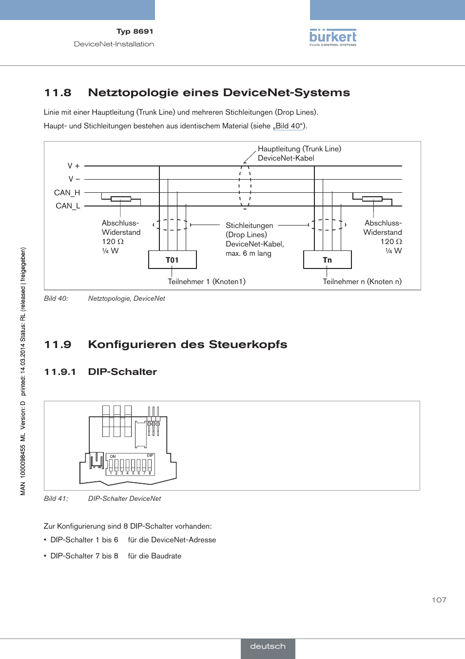 8 netztopologie eines devicenet-systems, 9 konfigurieren des steuerkopfs, Dip-schalter | Burkert Type 8691 User Manual | Page 107 / 184