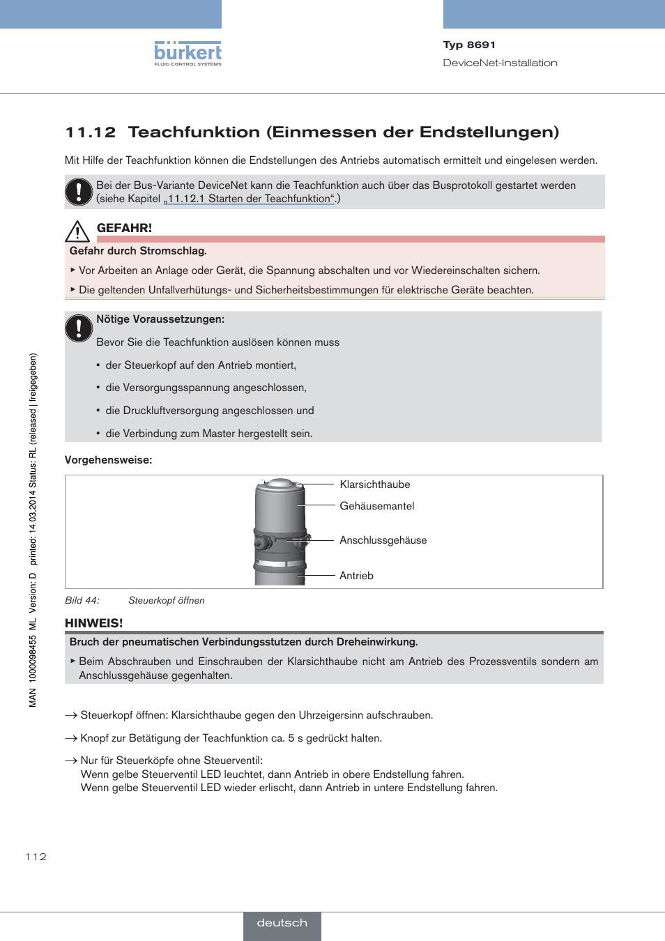 12 teachfunktion (einmessen der endstellungen) | Burkert Type 8691 User Manual | Page 112 / 184