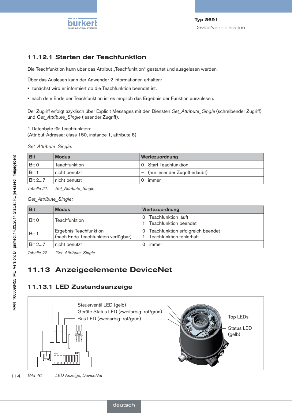 1 starten der teachfunktion, 13 anzeigeelemente devicenet, 1 led zustandsanzeige | Burkert Type 8691 User Manual | Page 114 / 184