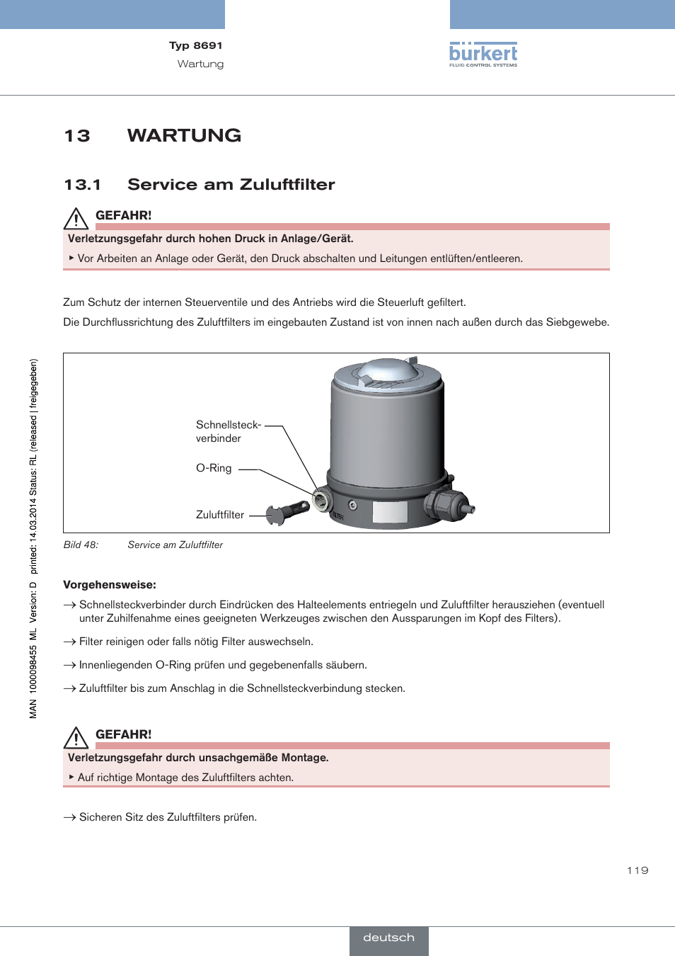 Wartung, 1 service am zuluftfilter, 13 wartung | Burkert Type 8691 User Manual | Page 119 / 184