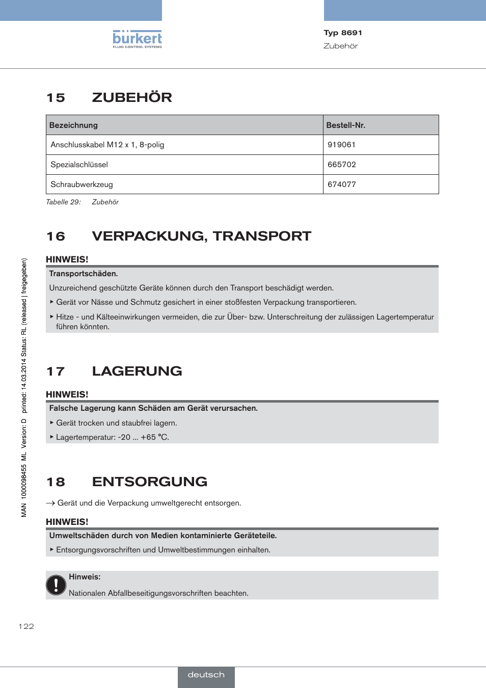 Zubehör, Verpackung, transport, Lagerung | Entsorgung, 15 zubehör, 16 verpackung, transport, 17 lagerung, 18 entsorgung | Burkert Type 8691 User Manual | Page 122 / 184