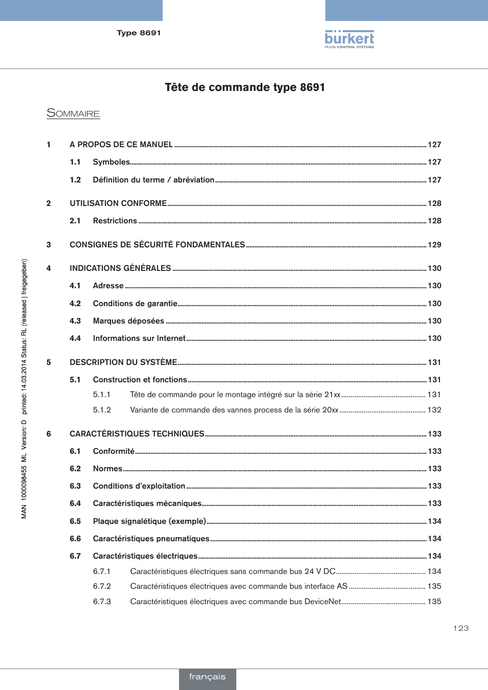 Français, Tête de commande type 8691 s | Burkert Type 8691 User Manual | Page 123 / 184