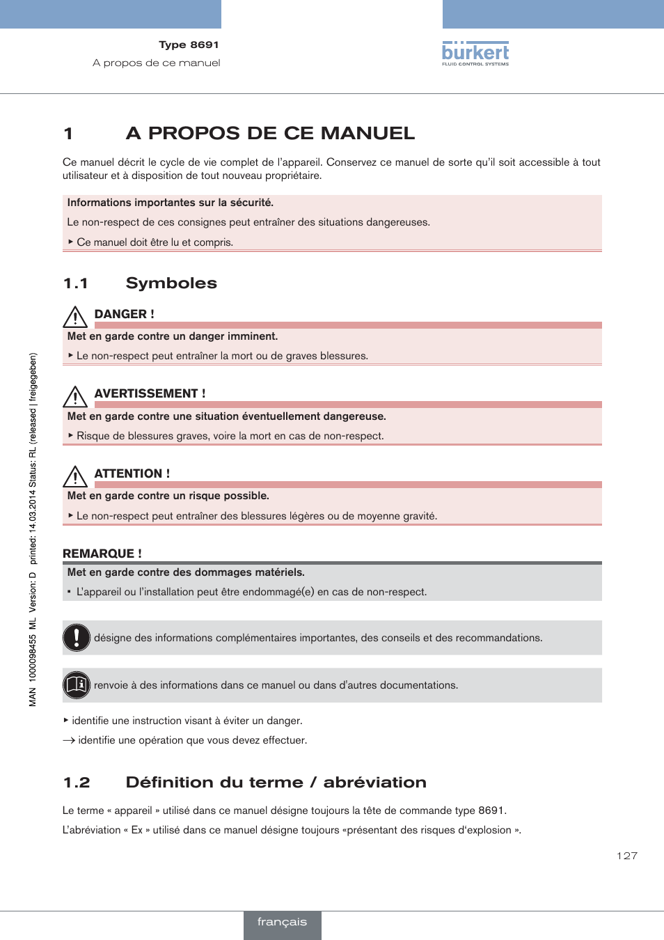 A propos de ce manuel, Symboles, Définition du terme / abréviation | 1a propos de ce manuel, 1 symboles, 2 définition du terme / abréviation | Burkert Type 8691 User Manual | Page 127 / 184